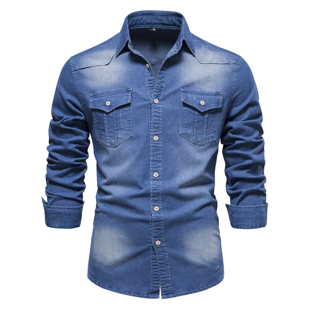 Men’s Long-Sleeved Denim Shirt – Casual Slim Fit Button-Up Top