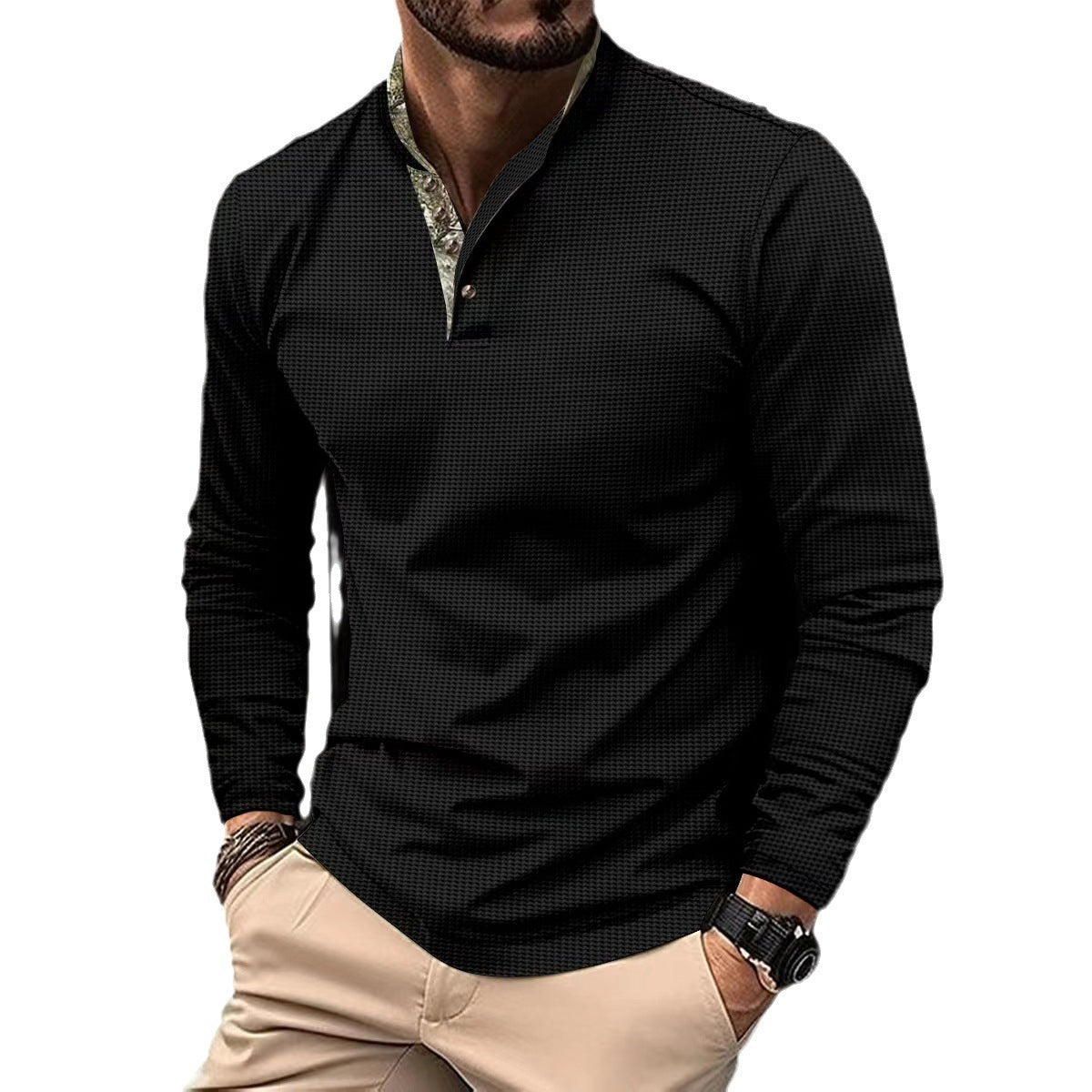 Men’s Double-Layer Lapel Polo Shirt – Waffle Texture, Long-Sleeve Fashion Top