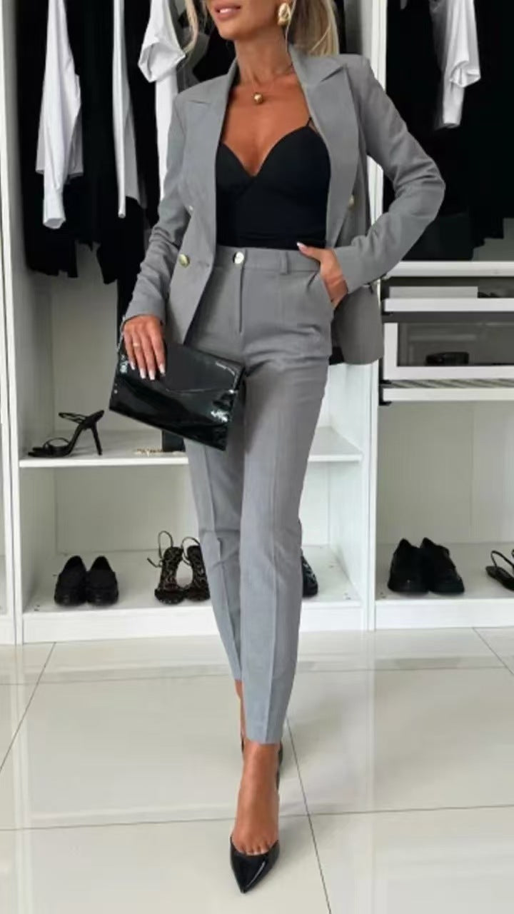Women’s Casual Suit Set – Lapel Button-Down Jacket & Slim-Fit Trousers