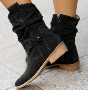 INS Pointed Toe Mid-Calf Suede Boots – Western Fashion Zipper Winter Shoes for Women
