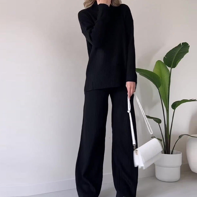 Women’s Turtleneck Knitted Suit – Loose Split Long-Sleeve Top & Straight Trousers, Casual Fashion Solid Set