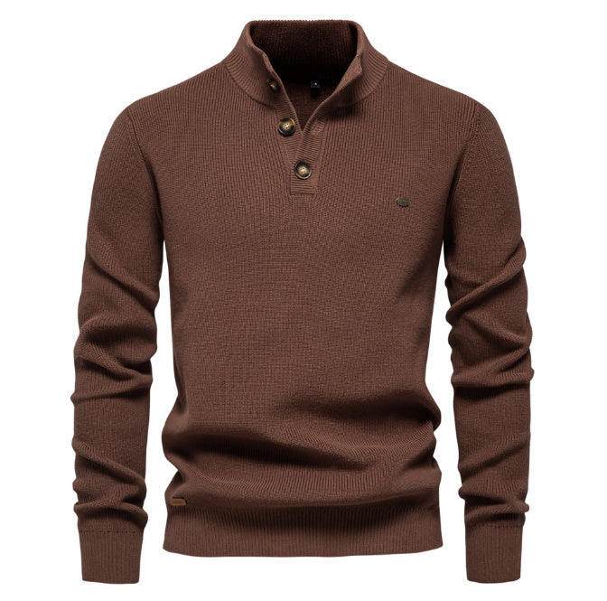 Men’s Zipper Stand Collar Knitted Sweater – Slim Fit, Solid Color, Long Sleeve Half-Turtleneck Top