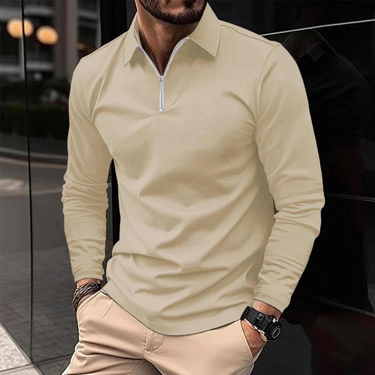 Men's Long Sleeve Zipper Polo Shirt – Solid Color, Lightweight Sportswear, Casual Golf Top