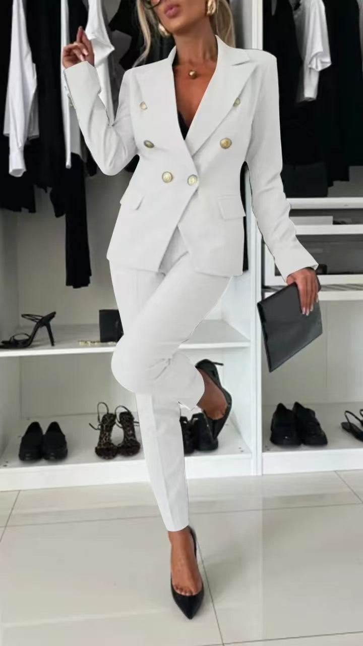 Women’s Casual Suit Set – Lapel Button-Down Jacket & Slim-Fit Trousers