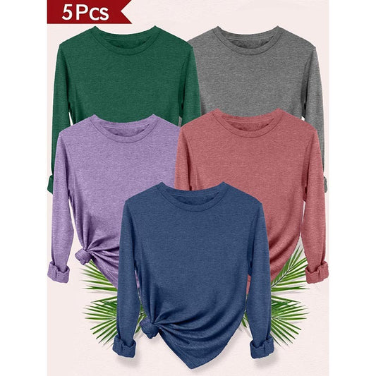 Women’s 5-Pack Long Sleeve Crew Neck Shirts – Fall 2025 Basic Tees