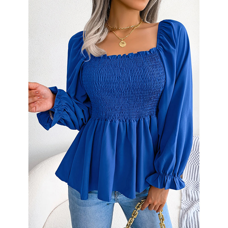Women's Square Neck Smocked Peplum Blouse – Ruffle Trim, Long Sleeve