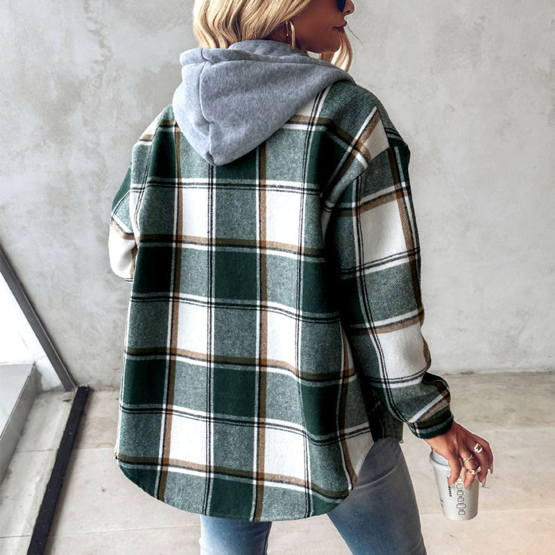 Plaid Hooded Jacket – Fashion Casual Button Pocket Coat for Autumn & Winter