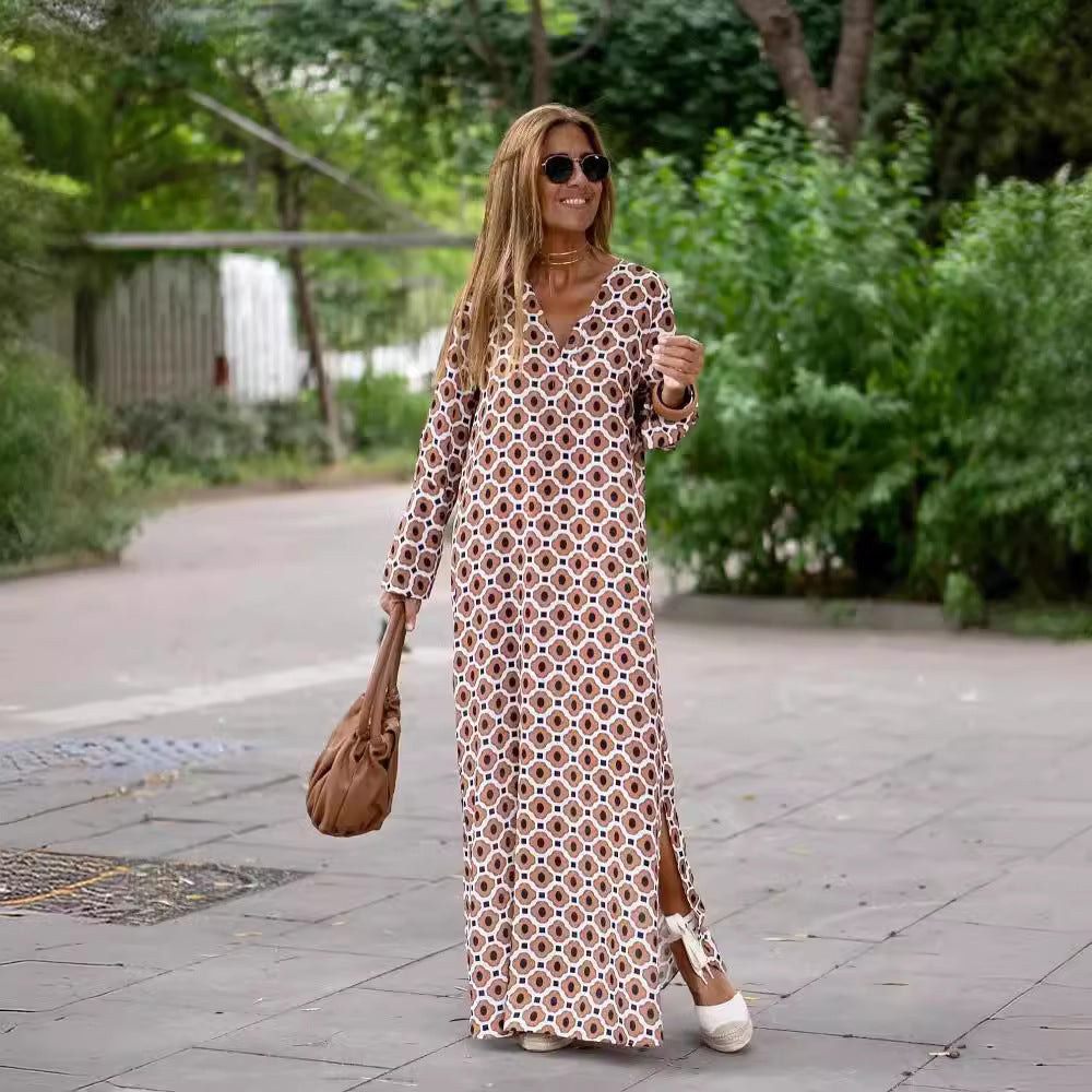Summer Geometric V-Neck Long Sleeve Slit Dress for Women