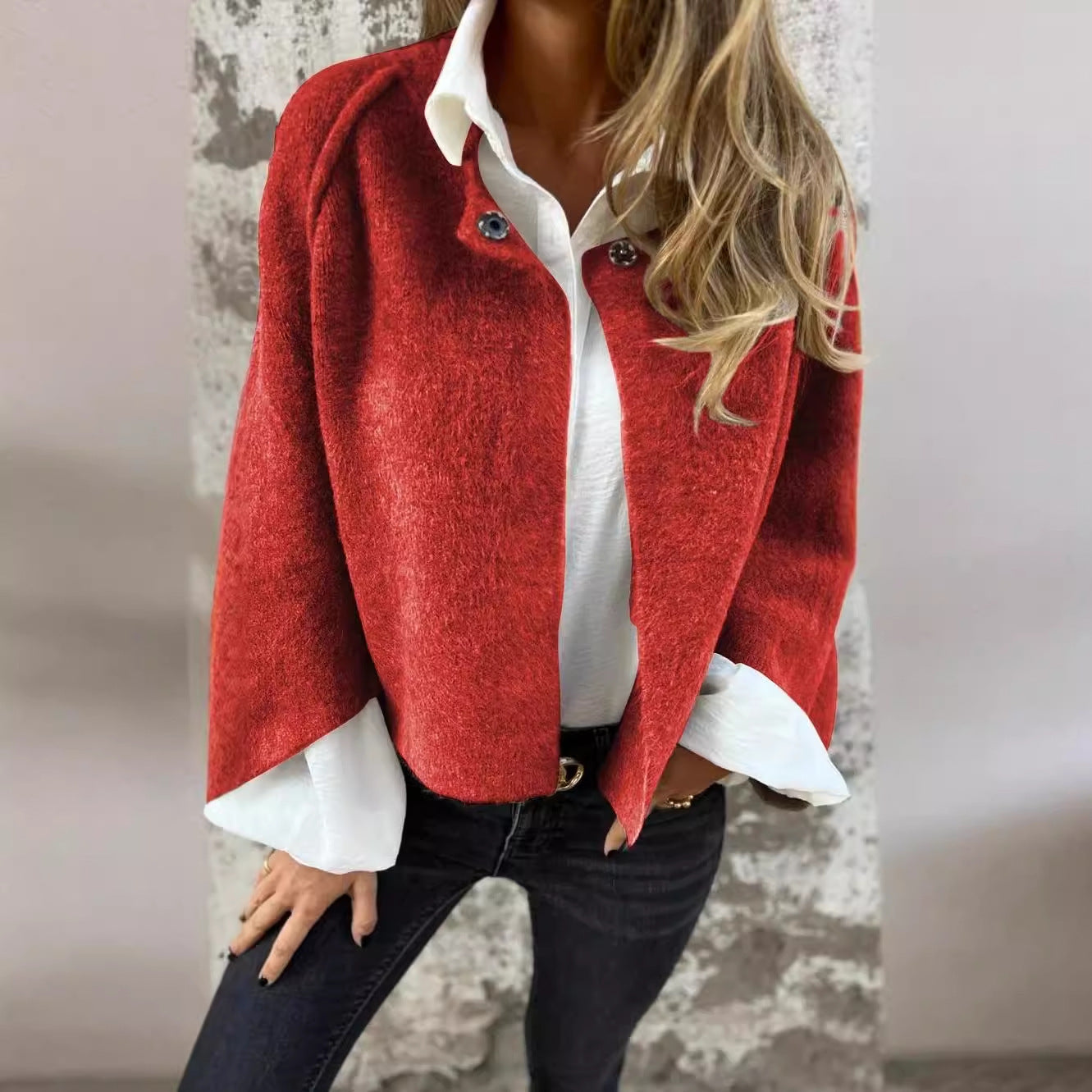 Women’s Batwing Sleeve Cropped Cardigan – Loose Fit Cashmere Coat for Autumn & Winter