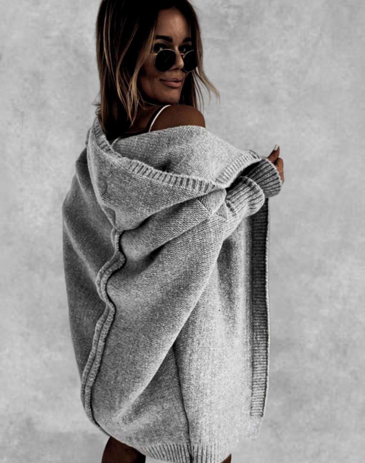 Fashion Bat Sleeve Hooded Cardigan Oversized Loose Solid Color Sweater for Women
