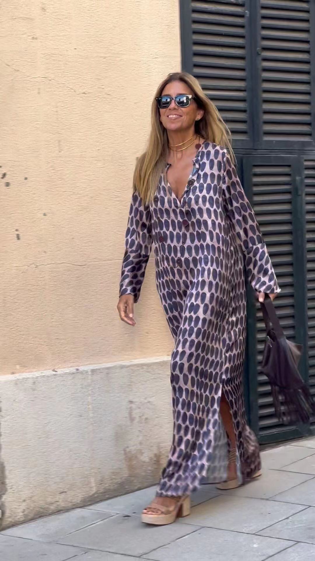 Summer Geometric V-Neck Long Sleeve Slit Dress for Women