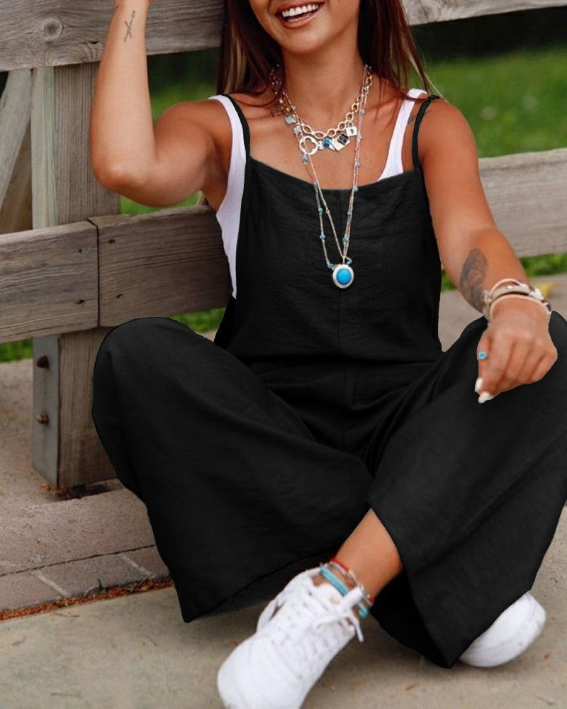 Women’s Sleeveless Jumpsuit – Loose Wide-Leg Overalls with Pockets & Adjustable Straps, Summer Beach Outfit