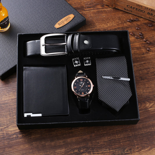 5-Piece Men's Gift Set: Quartz Watch, Belt, Wallet, Tie & Cufflinks