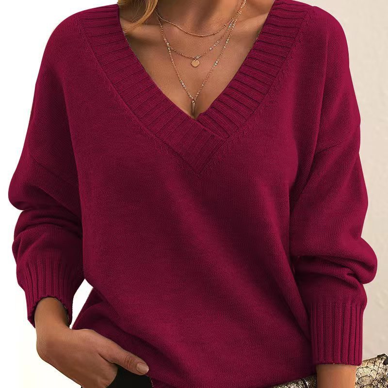 Solid V-neck Loose Knit Sweater – Fashionable Long Sleeve Autumn & Winter Top