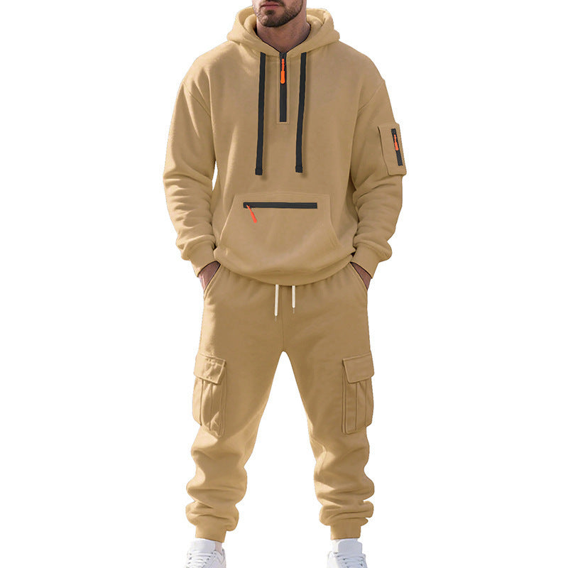 Men’s Loose Fit Fleece-Lined Sports Hoodie & Zipper Pullover Set – Multi-Pocket Casual Two-Piece