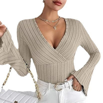 Women’s Autumn Winter Ribbed Stripe V-Neck Flared Slim-Fit Long Sleeve Top – Elegant Stylish Tee