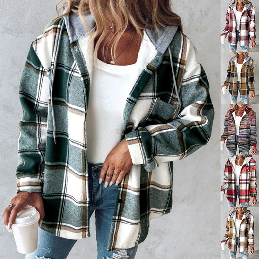 Plaid Hooded Jacket – Fashion Casual Button Pocket Coat for Autumn & Winter
