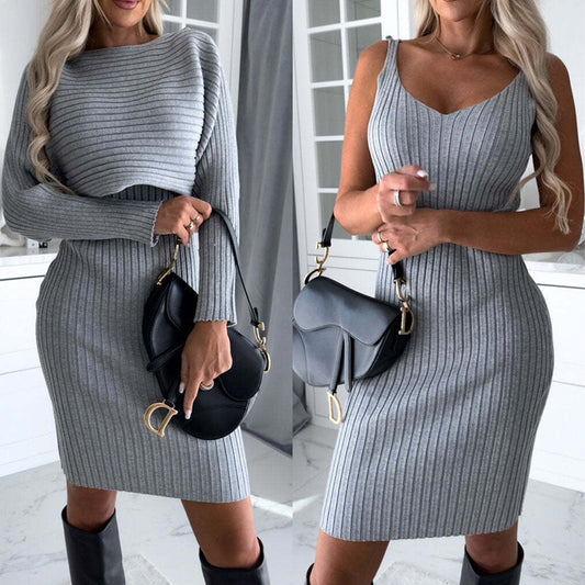 Women’s Casual Two-Piece Set – Long Sleeve Top & Mid-Length Suspender Skirt