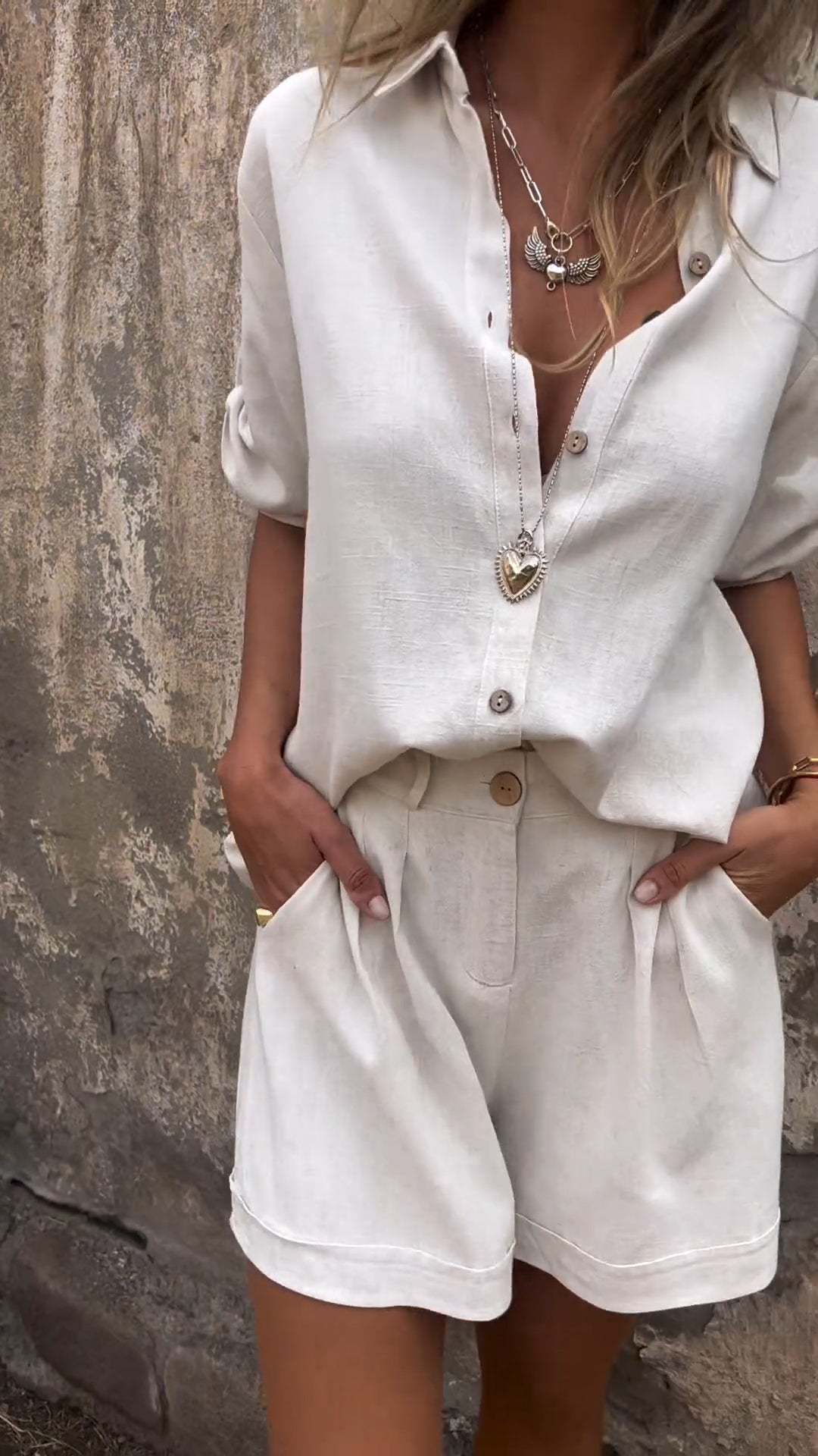 Women’s Short-Sleeve Lapel Button Shirt & Pocket Shorts Set