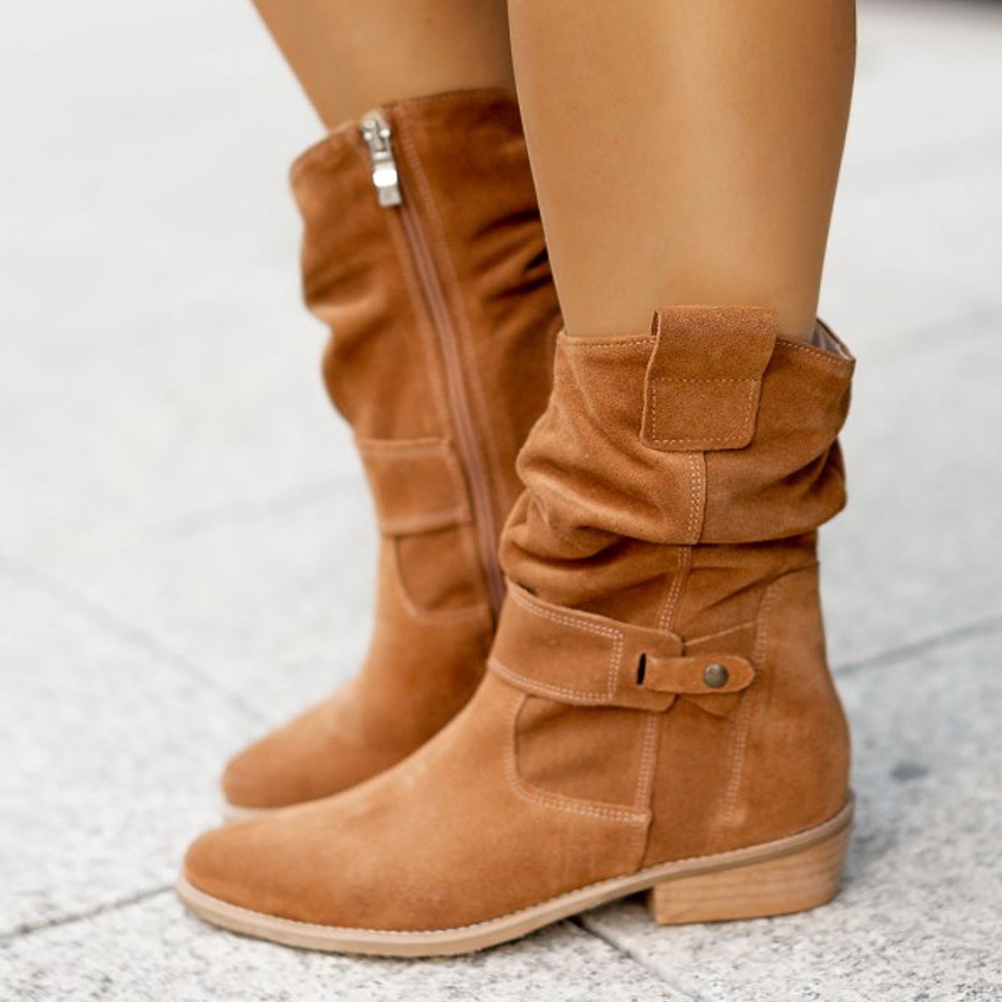 INS Pointed Toe Mid-Calf Suede Boots – Western Fashion Zipper Winter Shoes for Women
