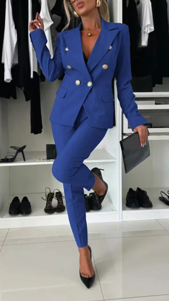 Women’s Casual Suit Set – Lapel Button-Down Jacket & Slim-Fit Trousers