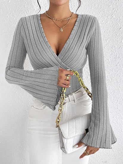 Women’s Autumn Winter Ribbed Stripe V-Neck Flared Slim-Fit Long Sleeve Top – Elegant Stylish Tee