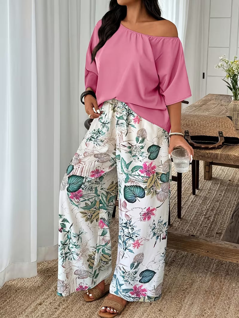 Flattering Loose-Fit Vacation Two-Piece Set with Wide-Leg Pants