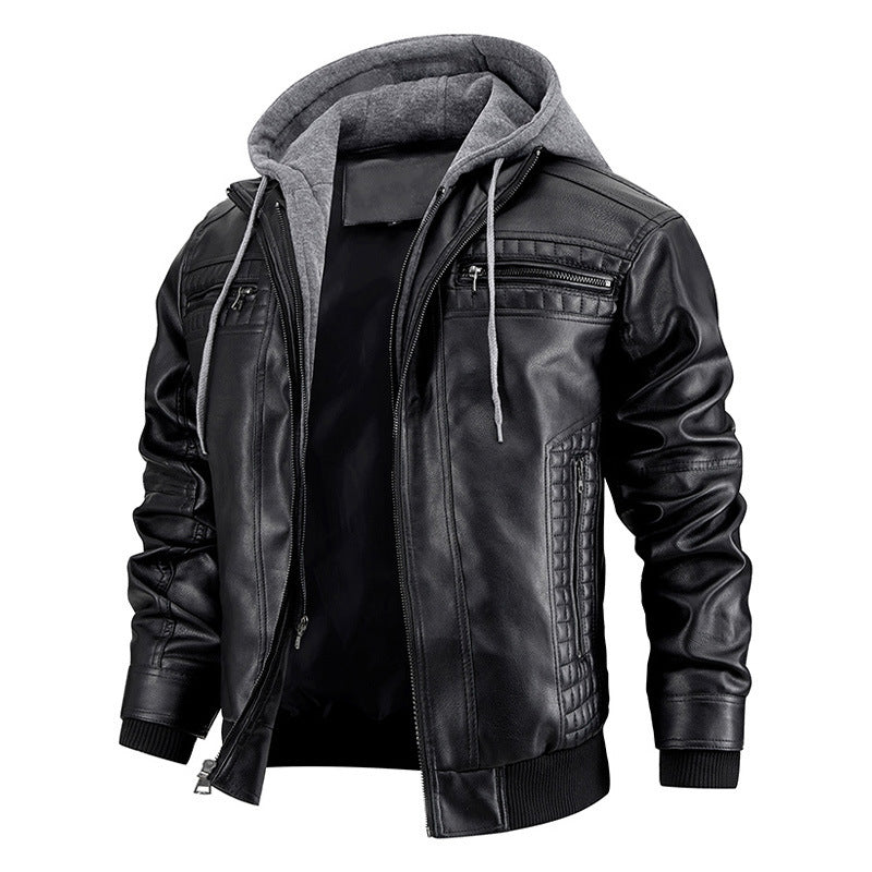 Men’s Hooded PU Leather Jacket with Zipper Pockets – Fashionable & Warm Coat