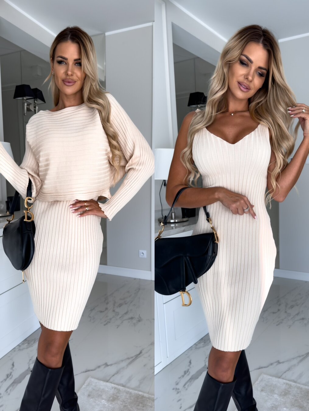 Women’s Casual Two-Piece Set – Long Sleeve Top & Mid-Length Suspender Skirt