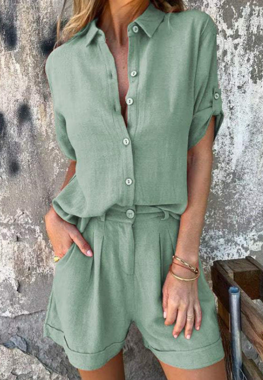 Women’s Short-Sleeve Lapel Button Shirt & Pocket Shorts Set