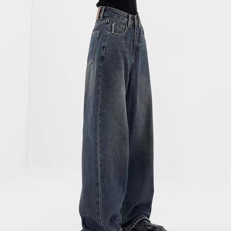 Retro Dark Blue Baggy Wide-Leg Jeans – High Waist Straight Fit