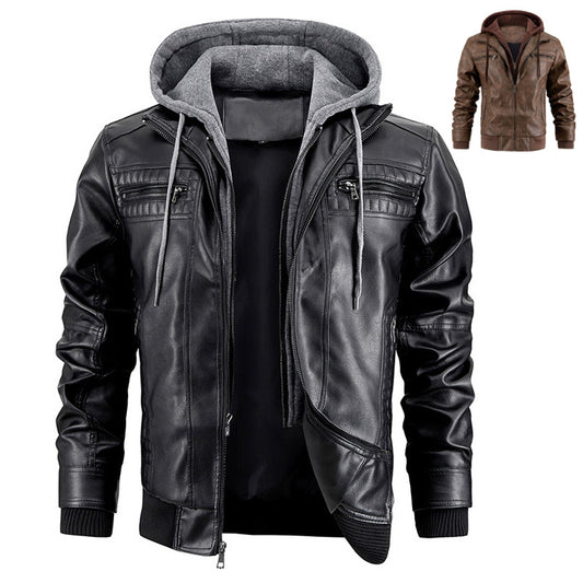 Men’s Hooded PU Leather Jacket with Zipper Pockets – Fashionable & Warm Coat