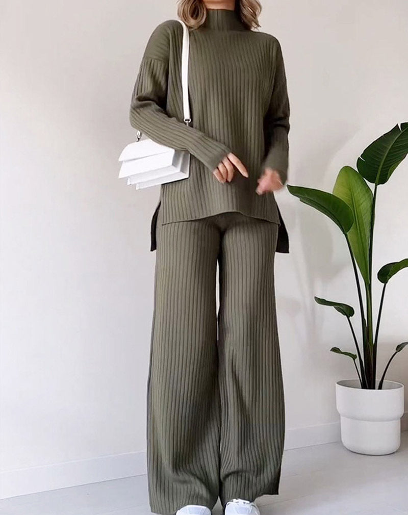 Women’s Turtleneck Knitted Suit – Loose Split Long-Sleeve Top & Straight Trousers, Casual Fashion Solid Set