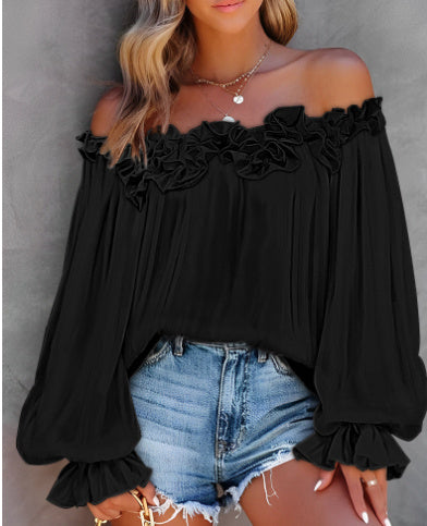 Women’s Casual Off-Shoulder Long Sleeve Blouse – Lotus Leaf Sleeve, Loose Fit Top