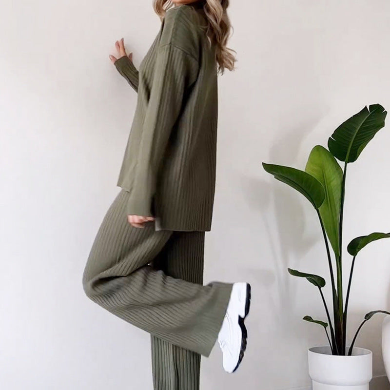 Women’s Turtleneck Knitted Suit – Loose Split Long-Sleeve Top & Straight Trousers, Casual Fashion Solid Set