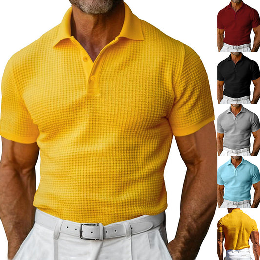 Men’s Waffle Knit Short Sleeve Polo Shirt – Casual Summer Lapel Top
