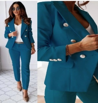 Women’s Casual Suit Set – Lapel Button-Down Jacket & Slim-Fit Trousers