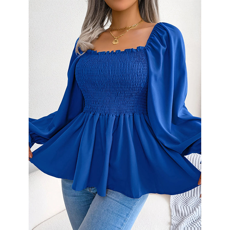 Women's Square Neck Smocked Peplum Blouse – Ruffle Trim, Long Sleeve