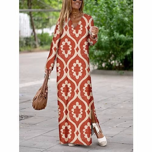 Summer Geometric V-Neck Long Sleeve Slit Dress for Women