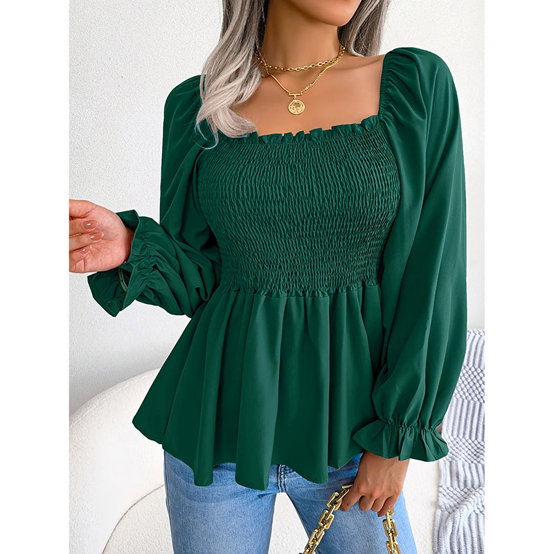 Women's Square Neck Smocked Peplum Blouse – Ruffle Trim, Long Sleeve