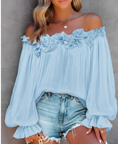 Women’s Casual Off-Shoulder Long Sleeve Blouse – Lotus Leaf Sleeve, Loose Fit Top