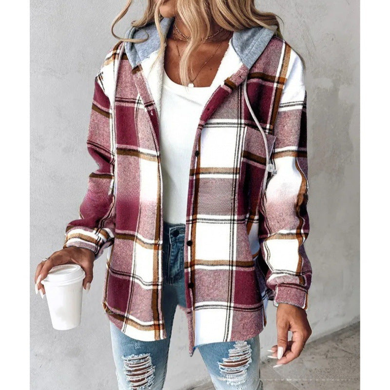Plaid Hooded Jacket – Fashion Casual Button Pocket Coat for Autumn & Winter
