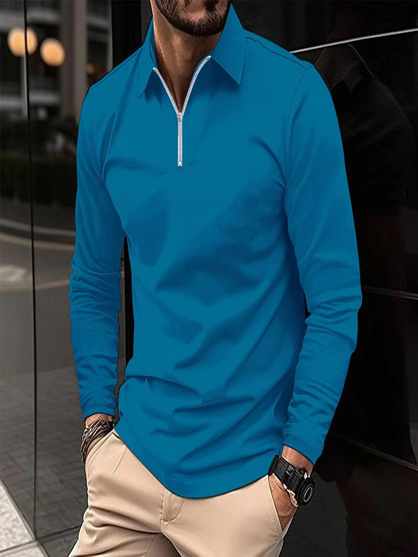 Men's Long Sleeve Zipper Polo Shirt – Solid Color, Lightweight Sportswear, Casual Golf Top