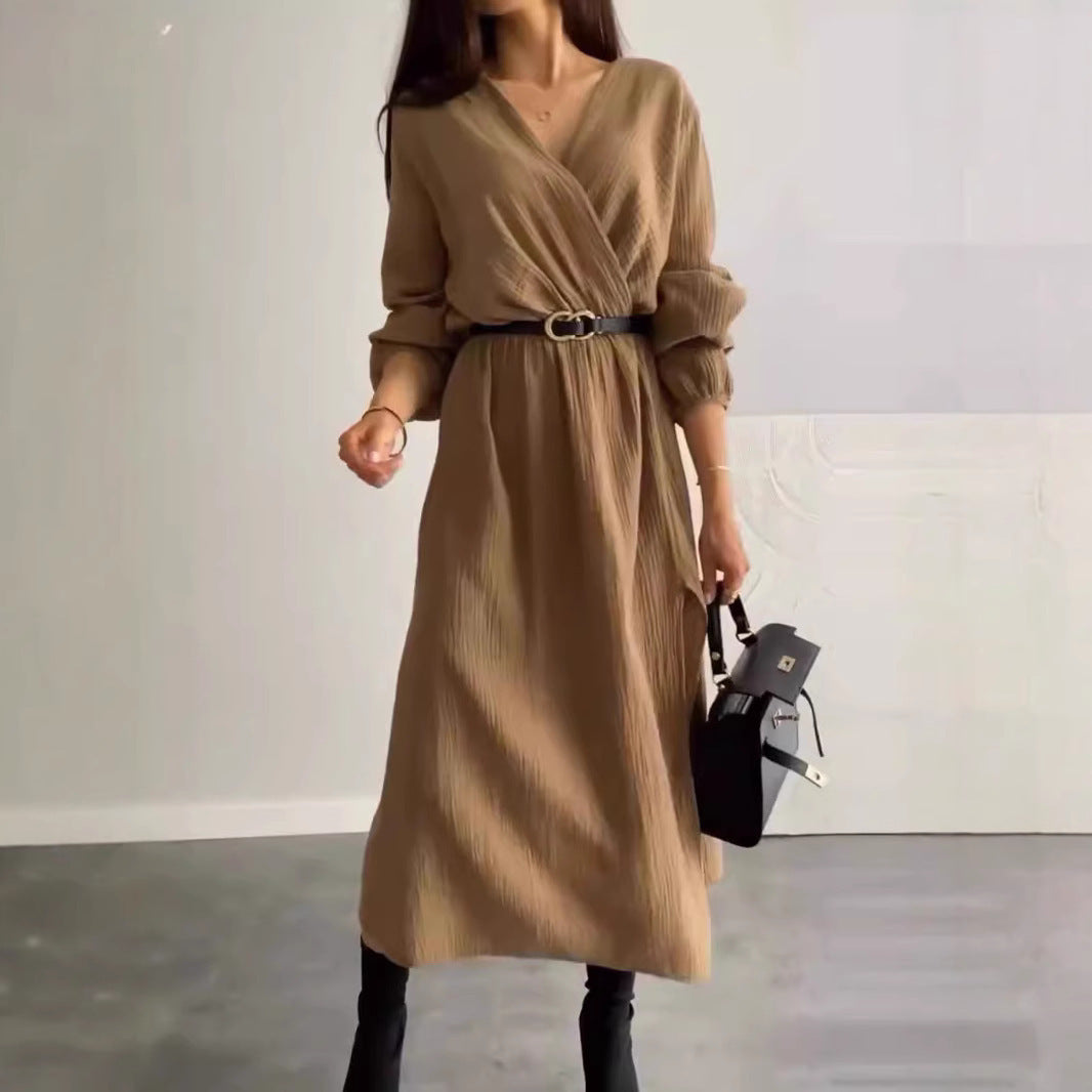 Women’s Long Sleeve Solid Color Dress with Waist Tie