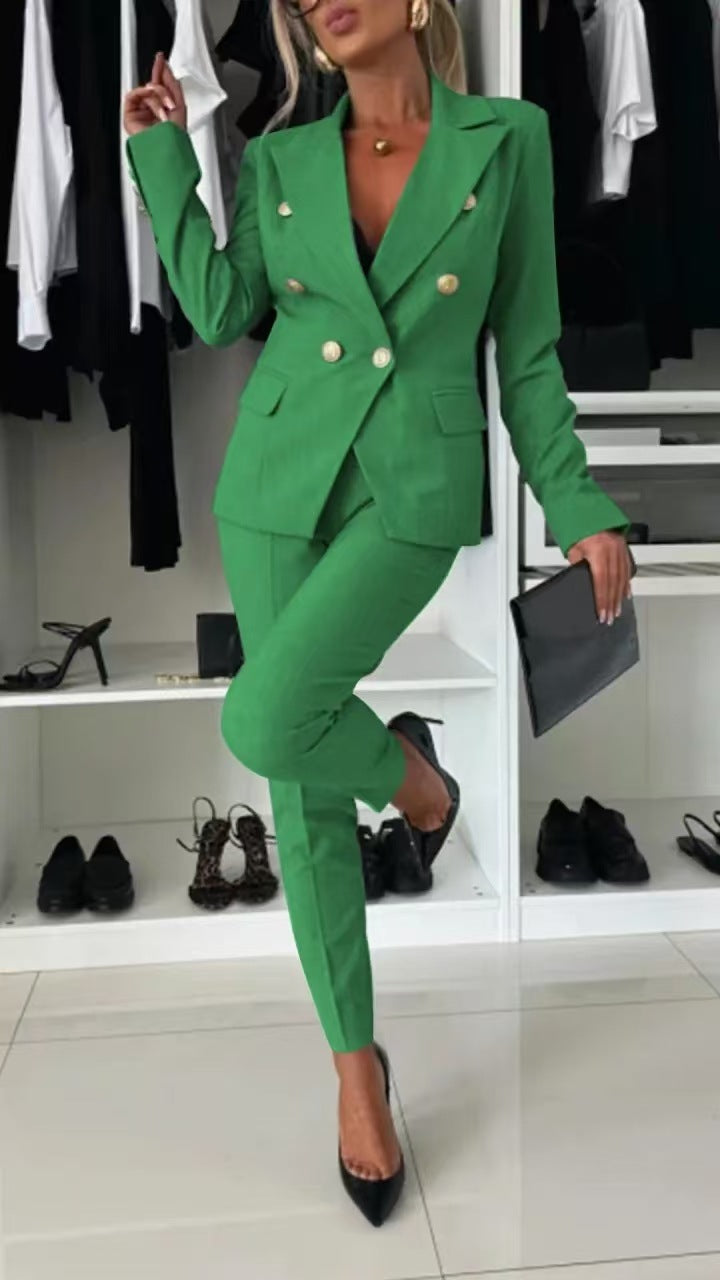 Women’s Casual Suit Set – Lapel Button-Down Jacket & Slim-Fit Trousers