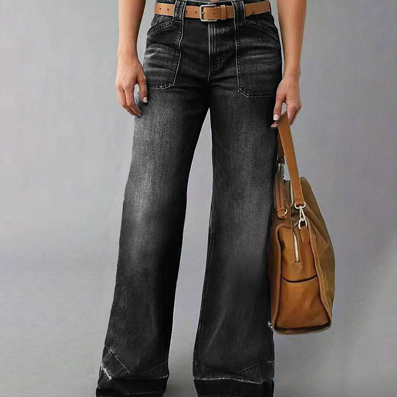 Women’s High-Waisted Wide Leg Straight Denim Jeans – No Belt, Vintage Comfort