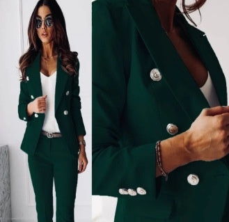 Women’s Casual Suit Set – Lapel Button-Down Jacket & Slim-Fit Trousers