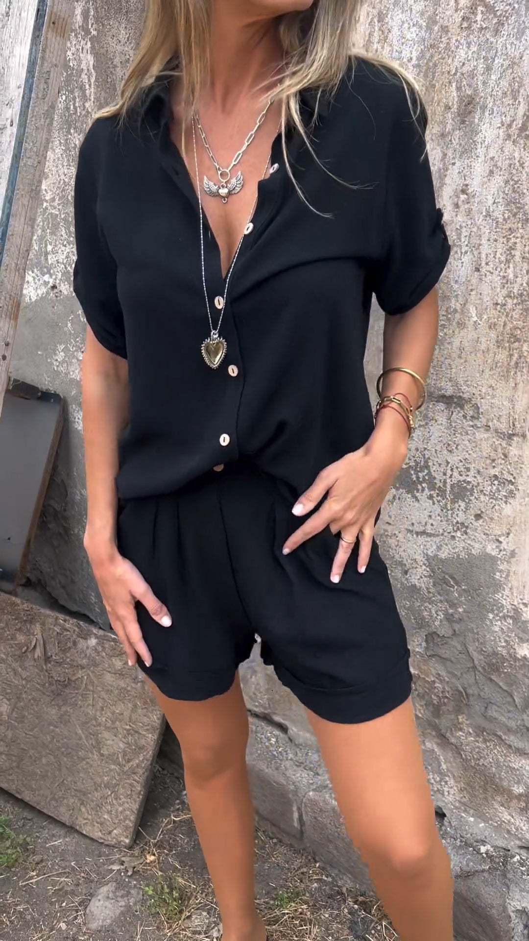Women’s Short-Sleeve Lapel Button Shirt & Pocket Shorts Set