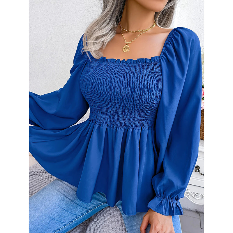 Women's Square Neck Smocked Peplum Blouse – Ruffle Trim, Long Sleeve