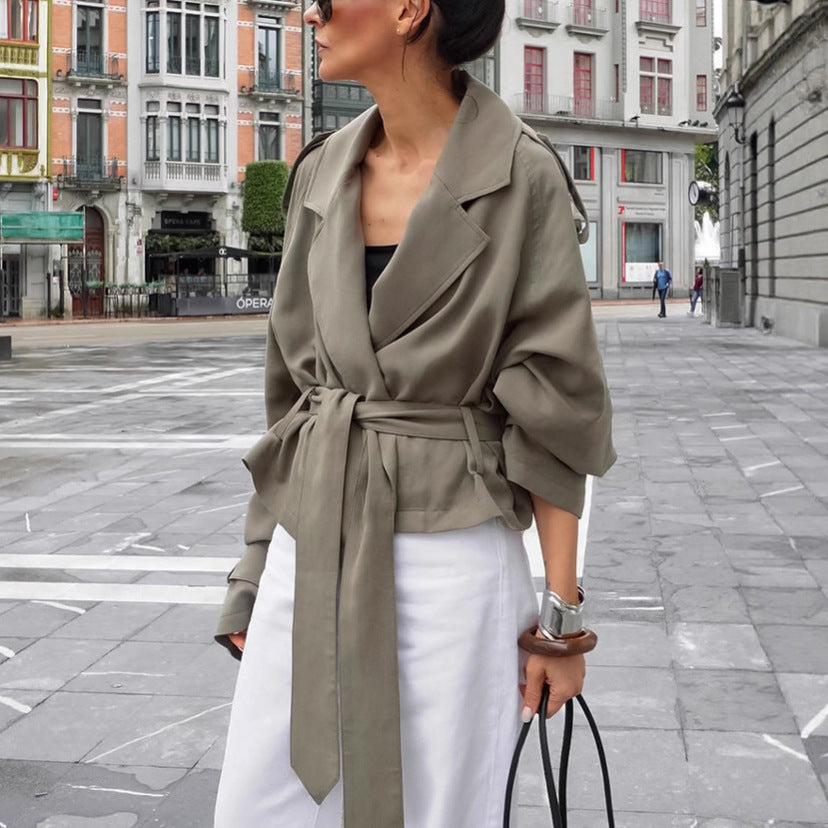 Women’s Lapel Lace-Up Trench Coat – Fashionable Long Jacket